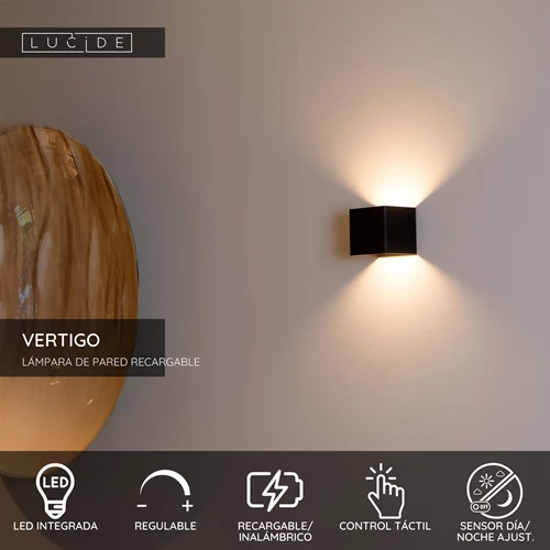 Lucide VERTIGO - Lámpara de pared Recargable Dentro/Fuera - Batería/acumulador - LED Regul. - 1x6W 2700K - IP54 - Sensor movimiento - Magnético - Negro - USP